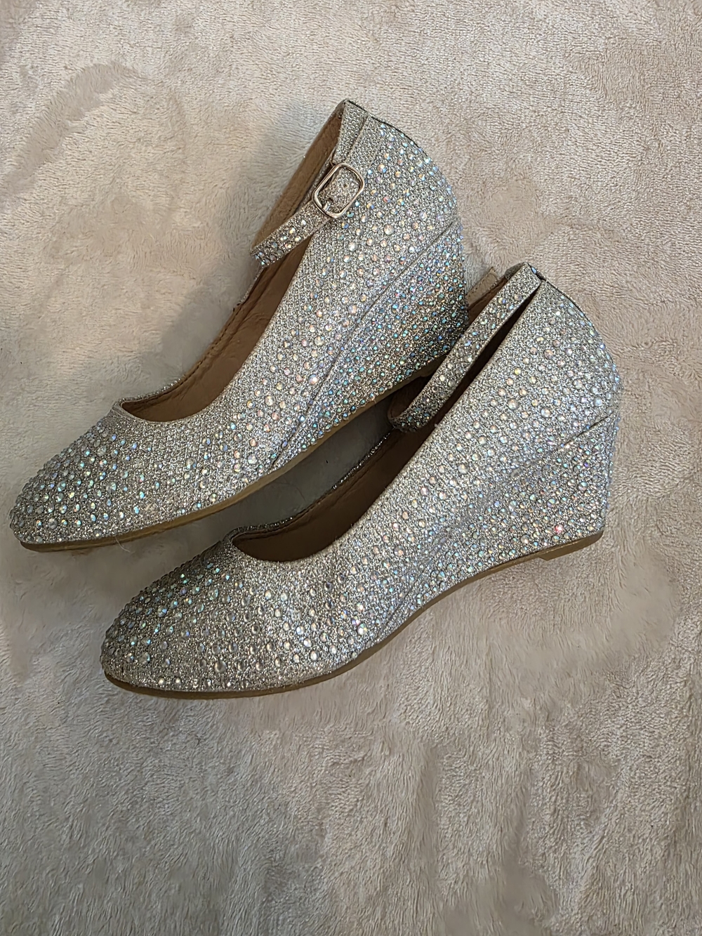 Crystal Embellished Silver Wedge Heels with Ankle Strap